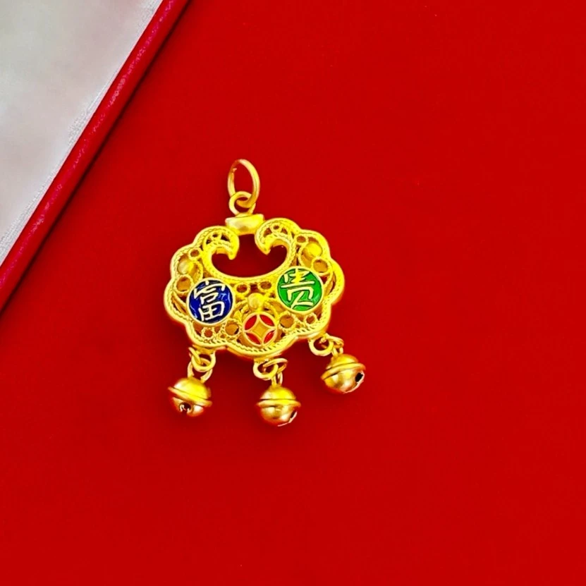 富贵平安珐琅彩铃铛平安锁吊坠5D工艺足金999首饰按克买多退少补