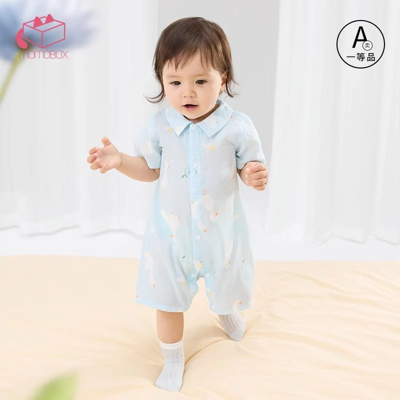 MOMOBOX苏打鸭婴幼儿纱布小方领连体衣新生儿宝宝薄款纯棉睡衣