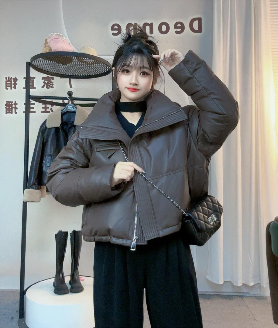 皮羽绒植鞣油蜡皮加厚立领潮流女士时尚秋冬海宁皮衣女加绒外套