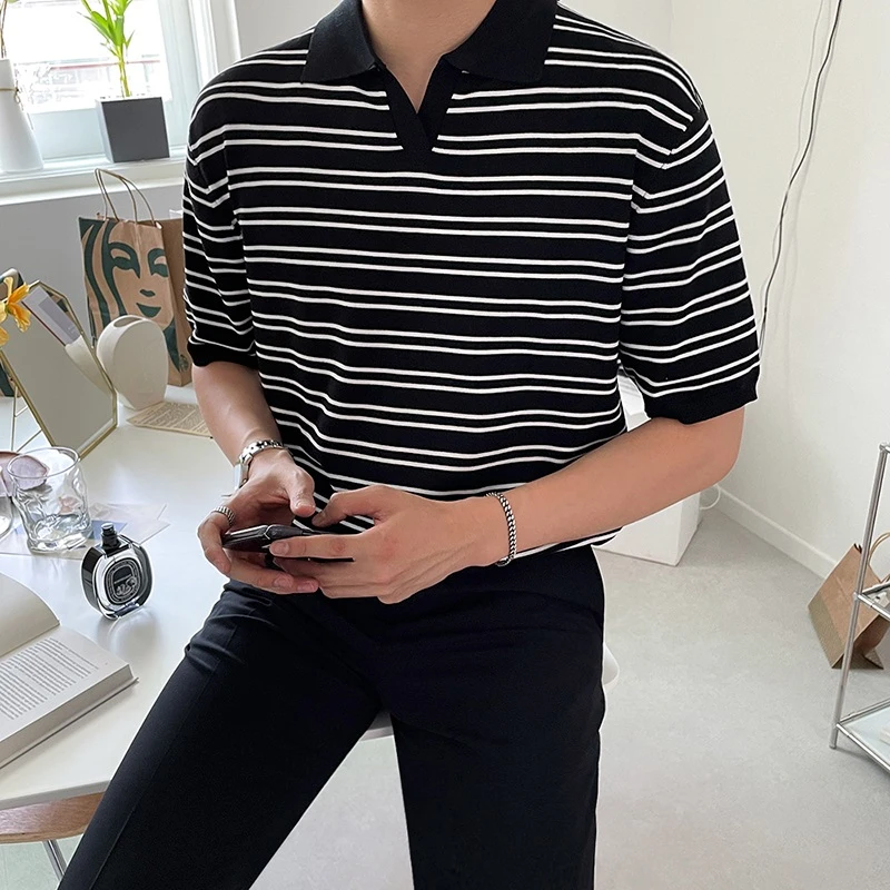 条纹针织Polo衫男夏季海鸥领短袖韩版宽松复古半袖针织打底衫上衣