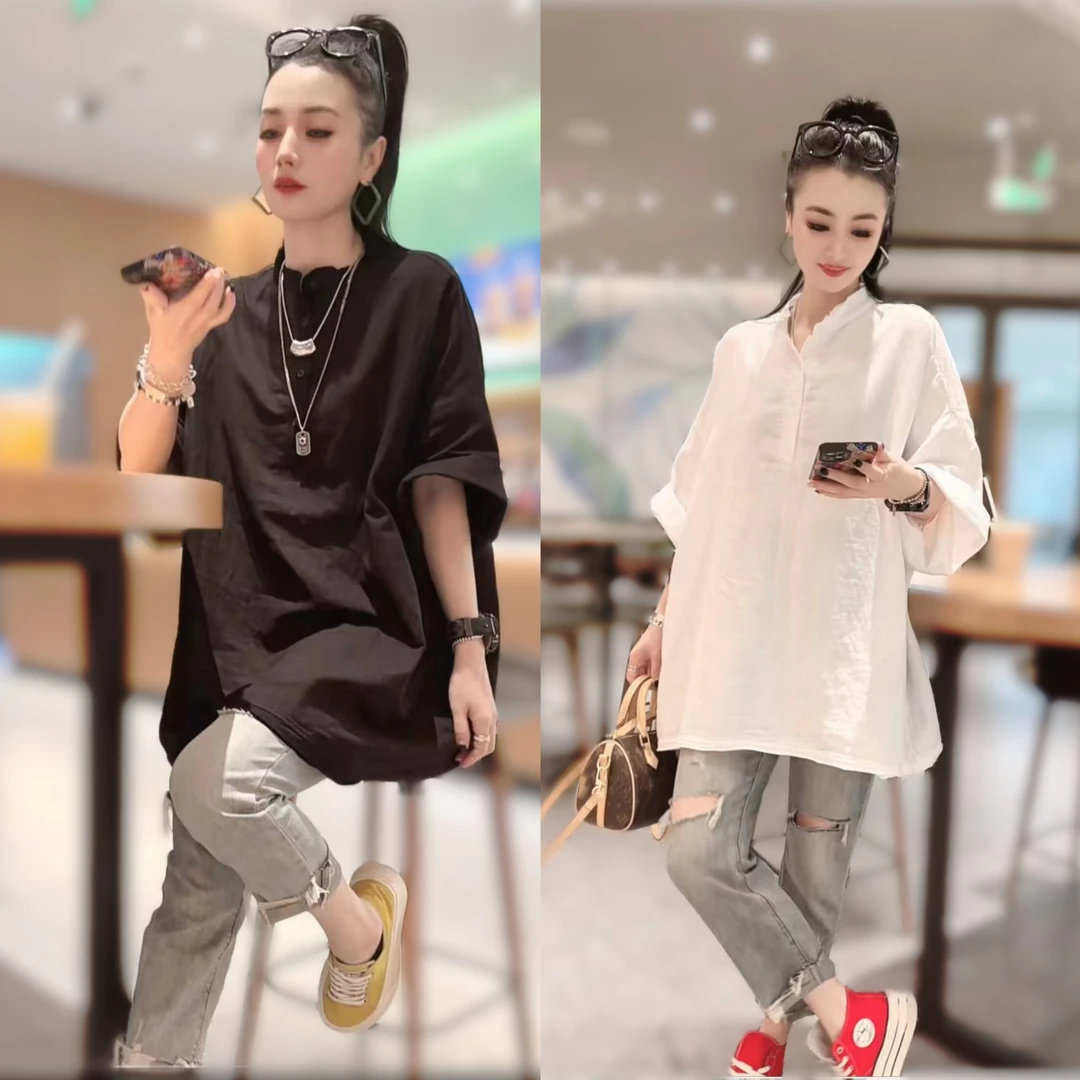 【小虹虹商贸】2025来米佳夏季新款韩钮扣立领宽松休闲水洗棉麻衬衫