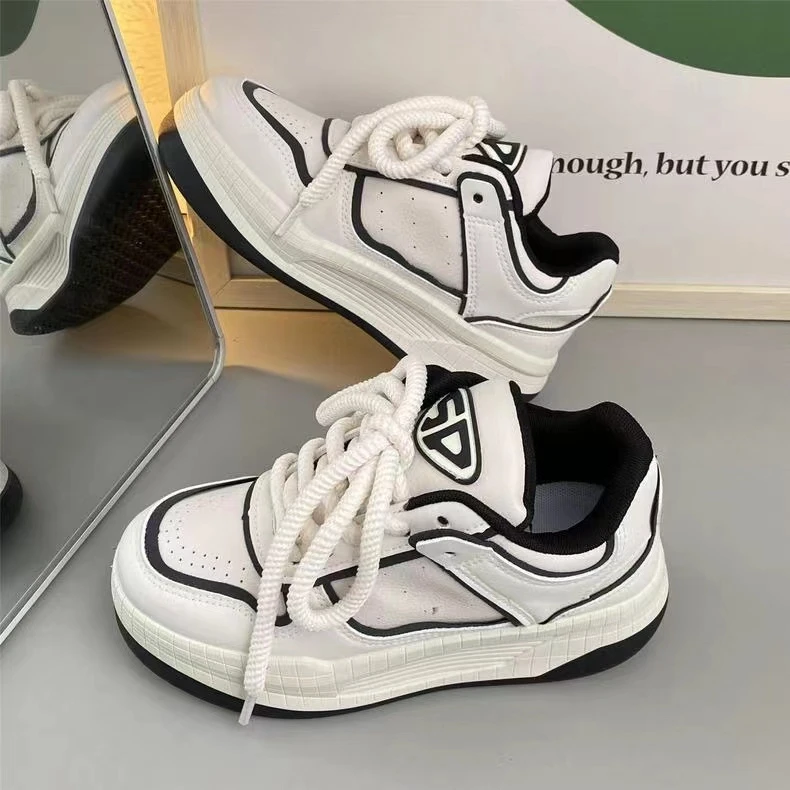 N1302 米黑 百搭厚底板鞋女2024复古潮流小白鞋学生运动女鞋