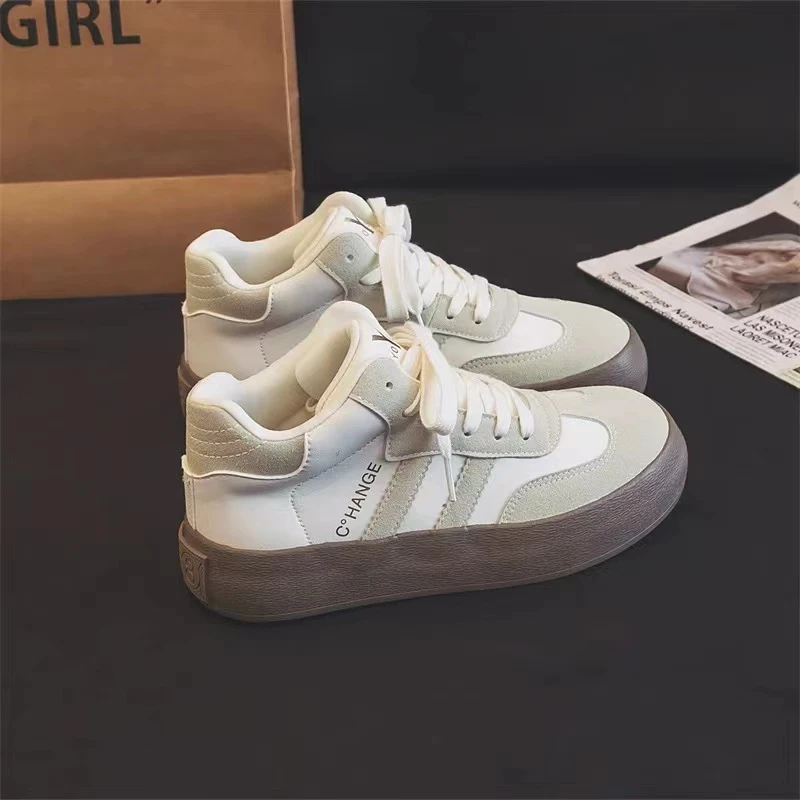 H1269 米色 高帮德训鞋女2024新款潮流百搭时尚板鞋复古学生女鞋