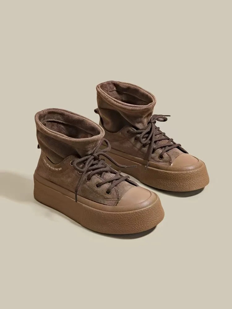 3257 深棕 高帮厚底板鞋女2024新款潮流复古女鞋韩版百搭运动鞋