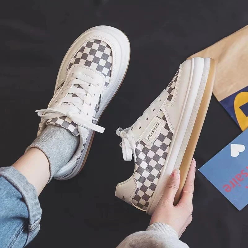 004 棋盘格（图思）大头面包鞋女2024新款潮流厚底板鞋复古休闲鞋女