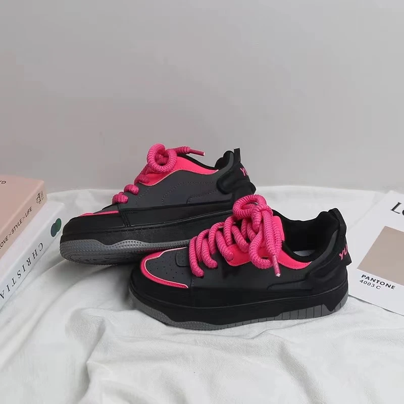 N1208 黑玫红 厚底潮流复古板鞋2024新款运动小白鞋学生百搭女鞋