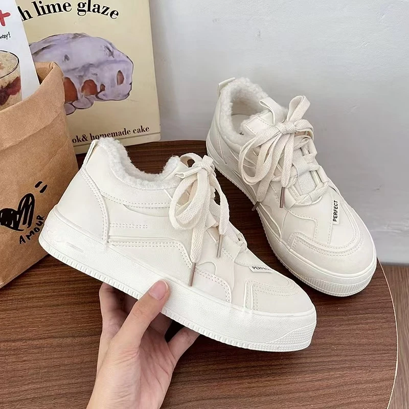 B-9036 米色 加绒休闲韩版百搭女鞋2024新款厚底小白鞋复古德训鞋