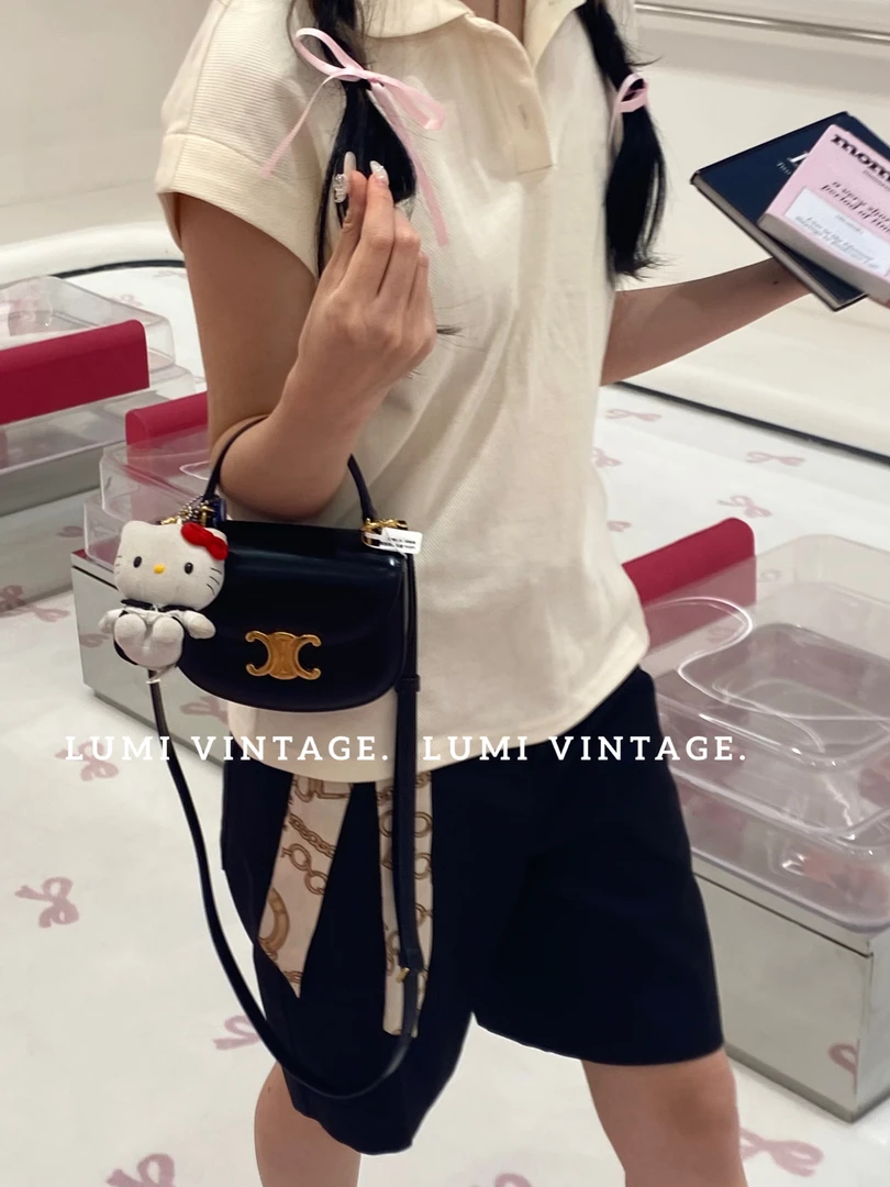 95新 Celine/思琳 黑色牛皮凯旋门手柄马鞍包单肩包35654780