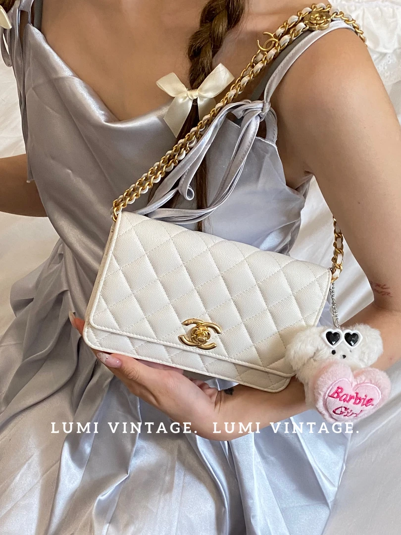 95新 Chanel/香奈儿 白金荔枝皮山茶花扣woc包91190974