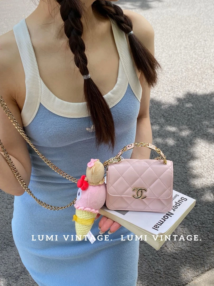 95新 Chanel/香奈儿 粉金Kelly珐琅手柄斜挎包 82309991