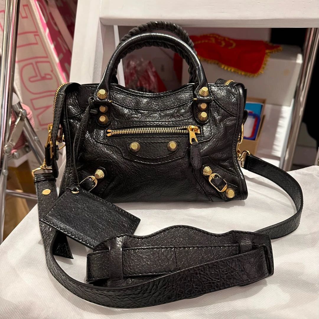 95新 Balenciaga/巴黎世家 黑金油蜡皮机车mini