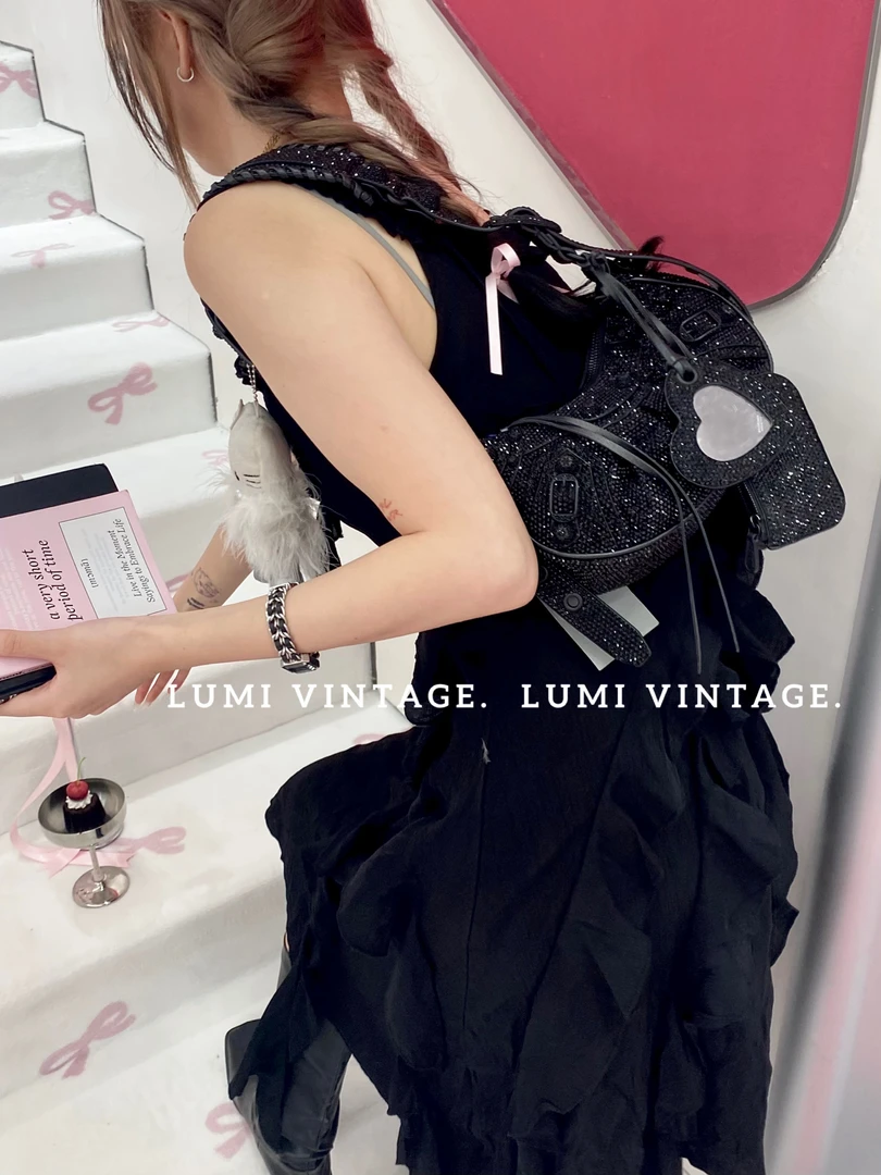 95新 Balenciaga/巴黎世家 黑色满钻le cagole xs机车包 99782516