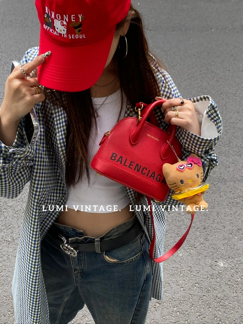 95新 Balenciaga/巴黎世家 红色牛皮mini贝壳单肩包91702669