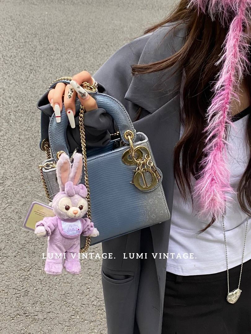 95新 DIOR/迪奥 蓝色喜马拉雅蜥蜴皮三格戴妃手提包21年45686092