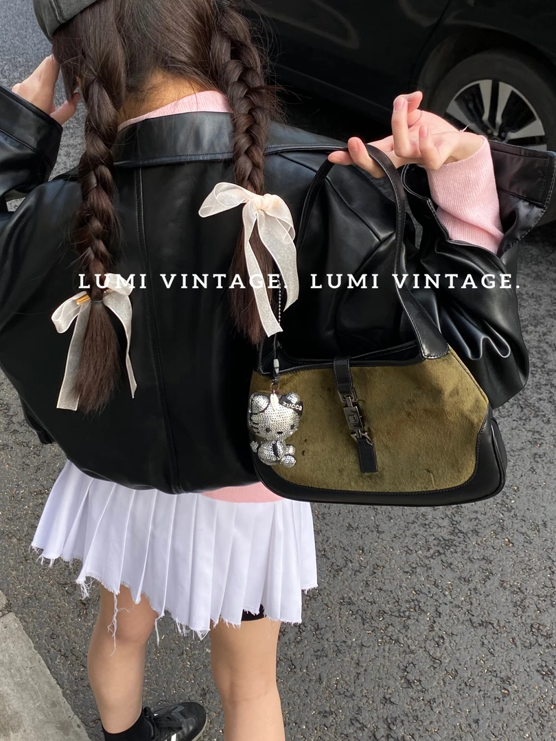 95新 GUCCI/古驰 丝绒拼皮中古包88191687