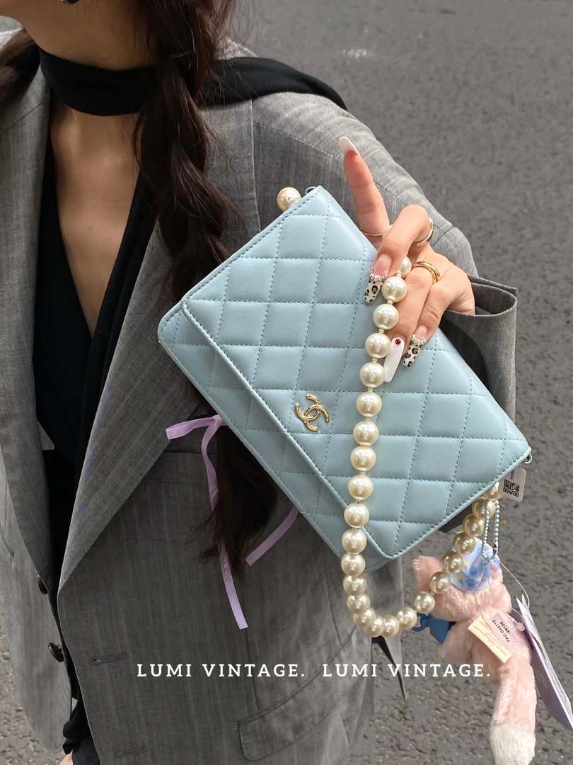 95新 Chanel/香奈儿 蓝色羊皮珍珠woc单肩包91226351