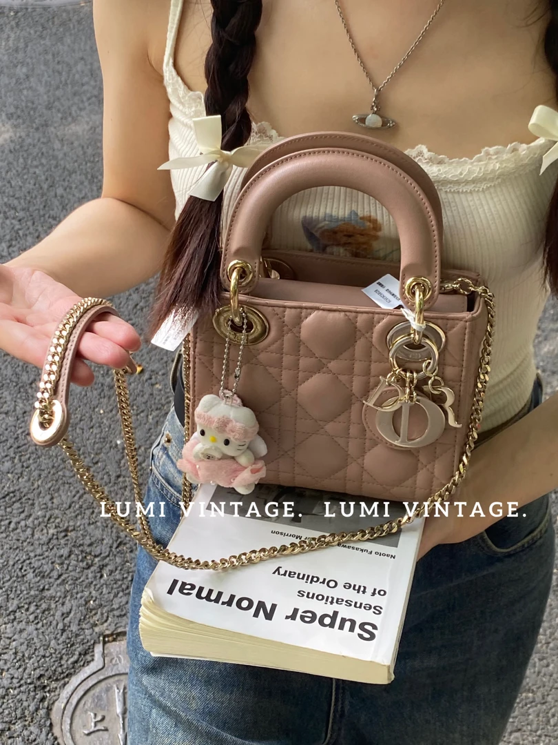 95新 DIOR/迪奥 干枯玫瑰粉羊皮三格戴妃包44573993