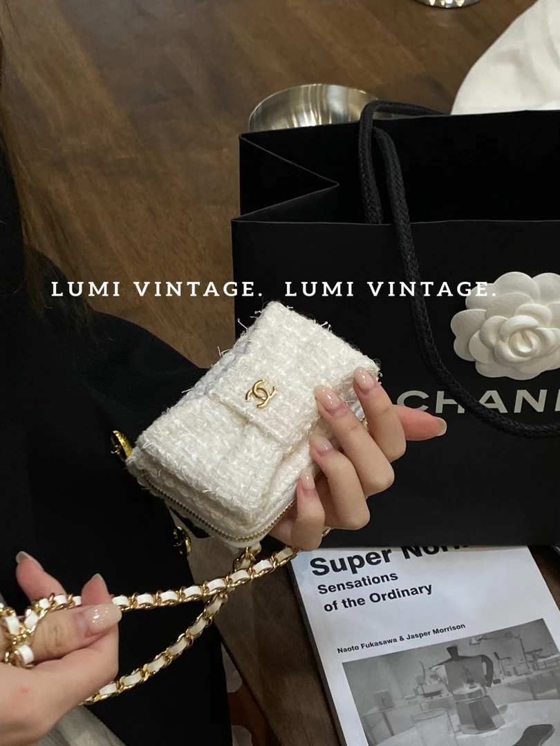 95新 Chanel/香奈儿 白色毛呢蝴蝶结链条包23307377