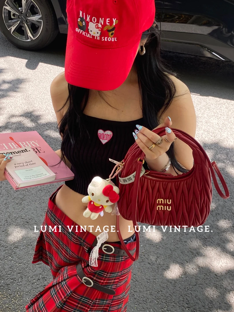95新 MIU MIU/缪缪 红色羊皮褶皱小号wander 70268188