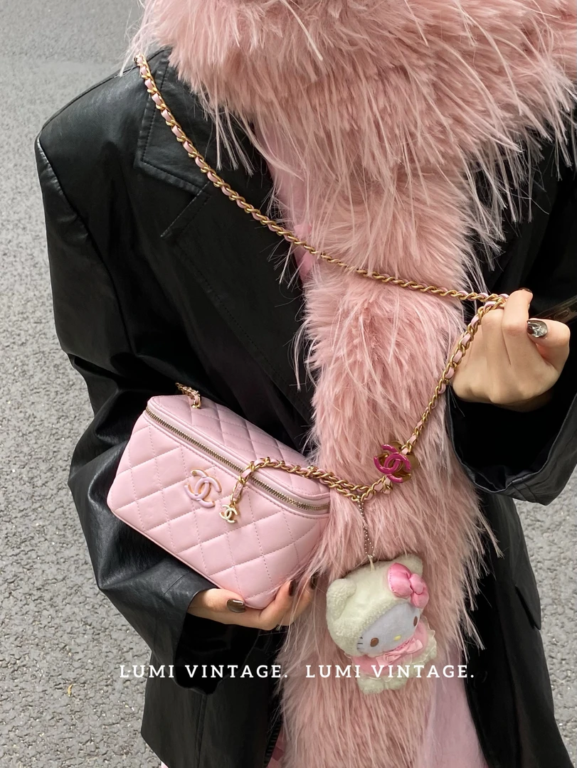 95新 Chanel/香奈儿 新款樱花粉双C调节扣盒子包 35208074