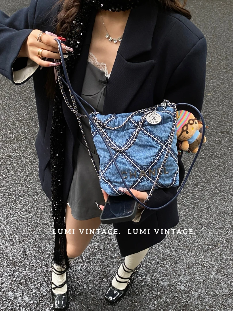95新 Chanel/香奈儿 24p蓝色丹宁mini 22bag单肩包 27851728
