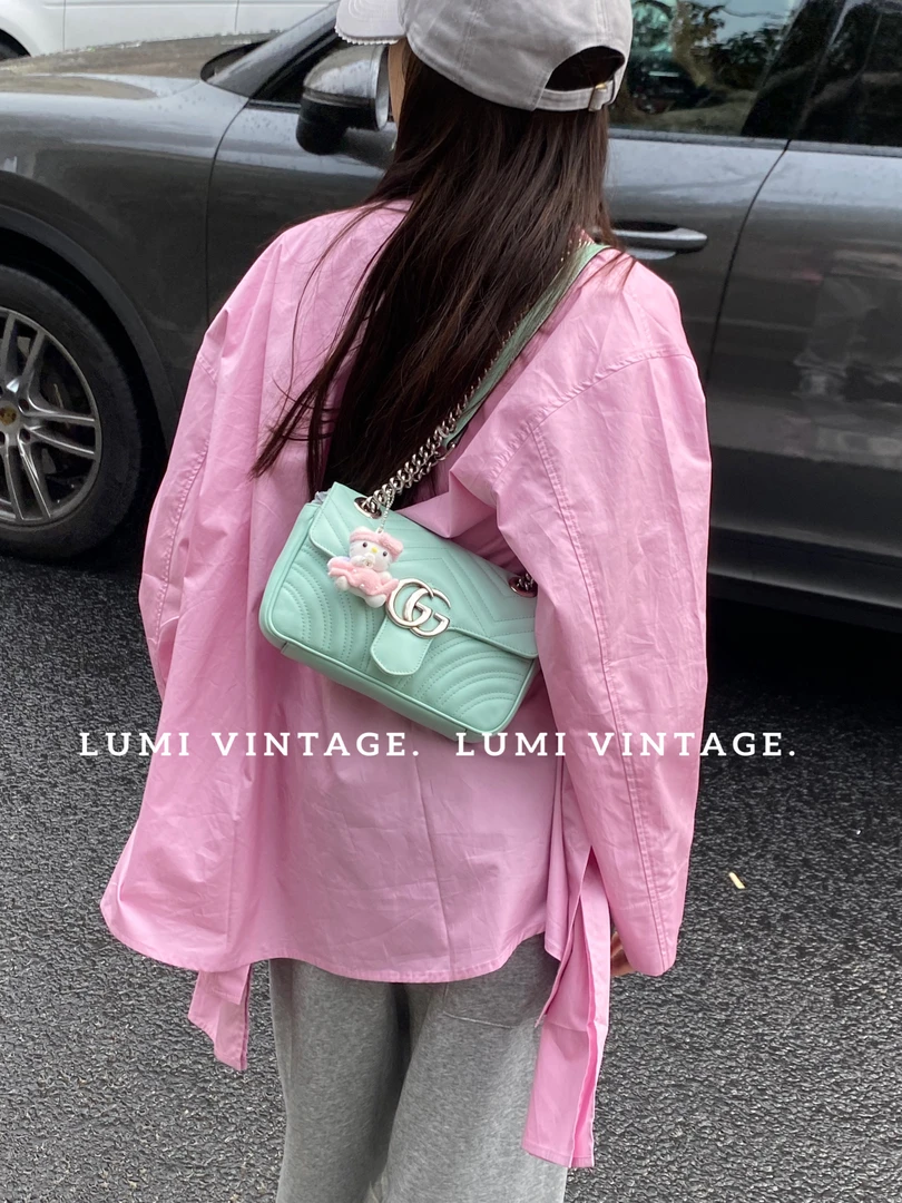 95新 GUCCI/古驰 薄荷绿牛皮马蒙22单肩包 19634238