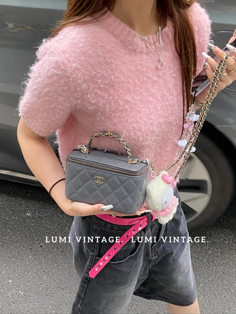 95新 Chanel/香奈儿 23k灰色羊皮手柄盒子手提包 54090189