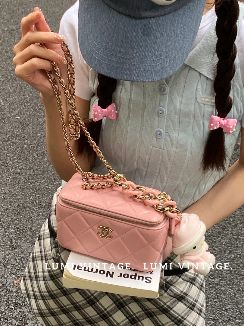 95新 Chanel/香奈儿 粉色羊皮亚克力链条盒子包55541753