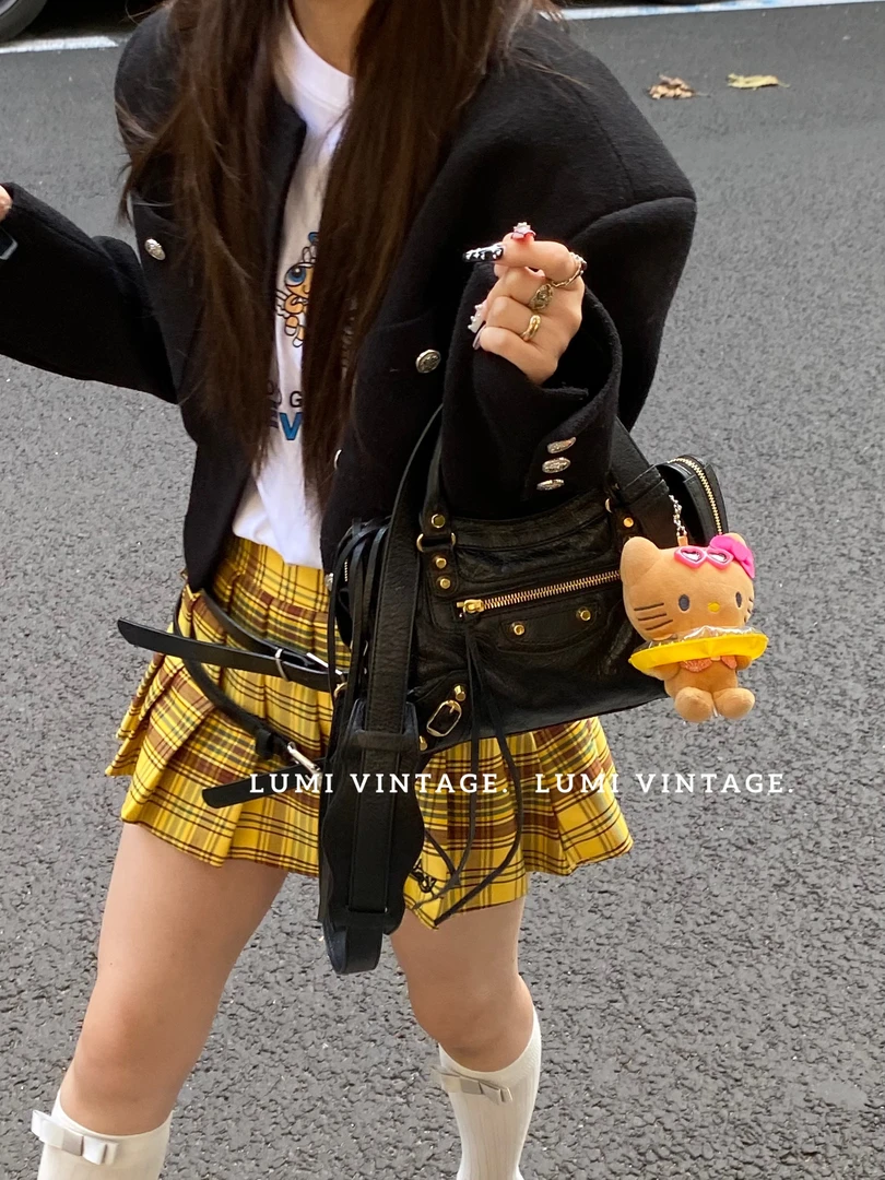95新 Balenciaga/巴黎世家 黑色金扣羊皮mini机车单肩包68360910