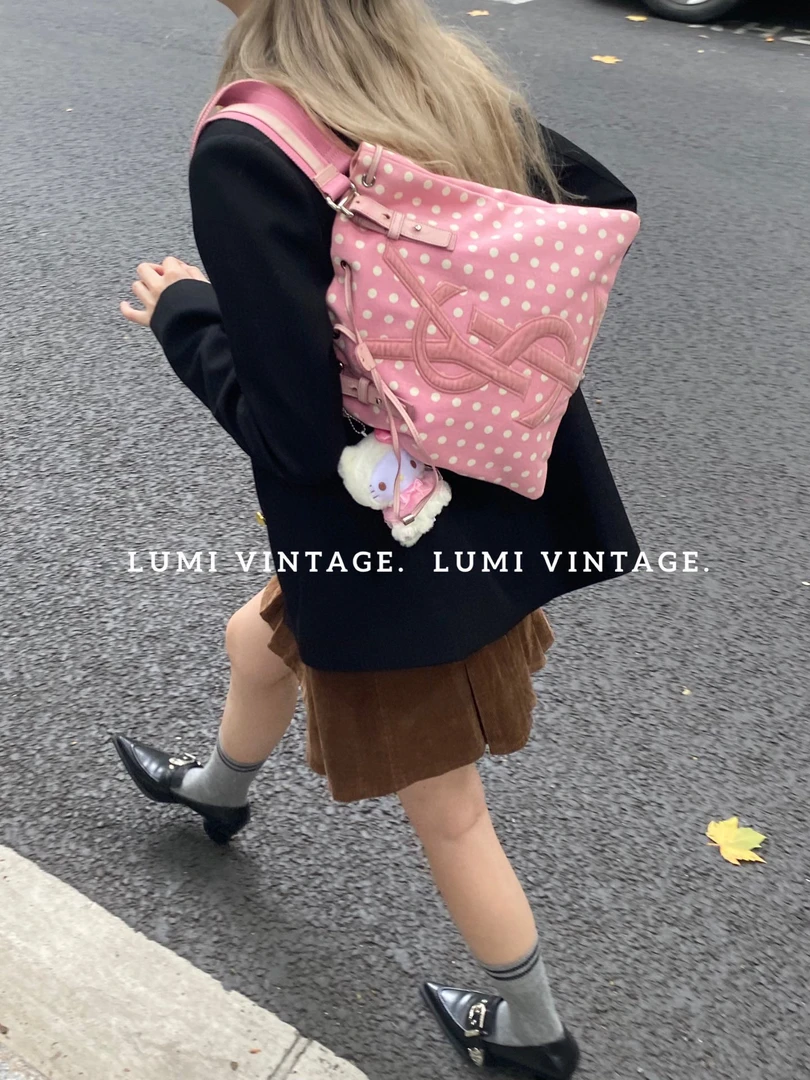 95新 YSL/圣罗兰 波点粉色帆布托特包 322229565