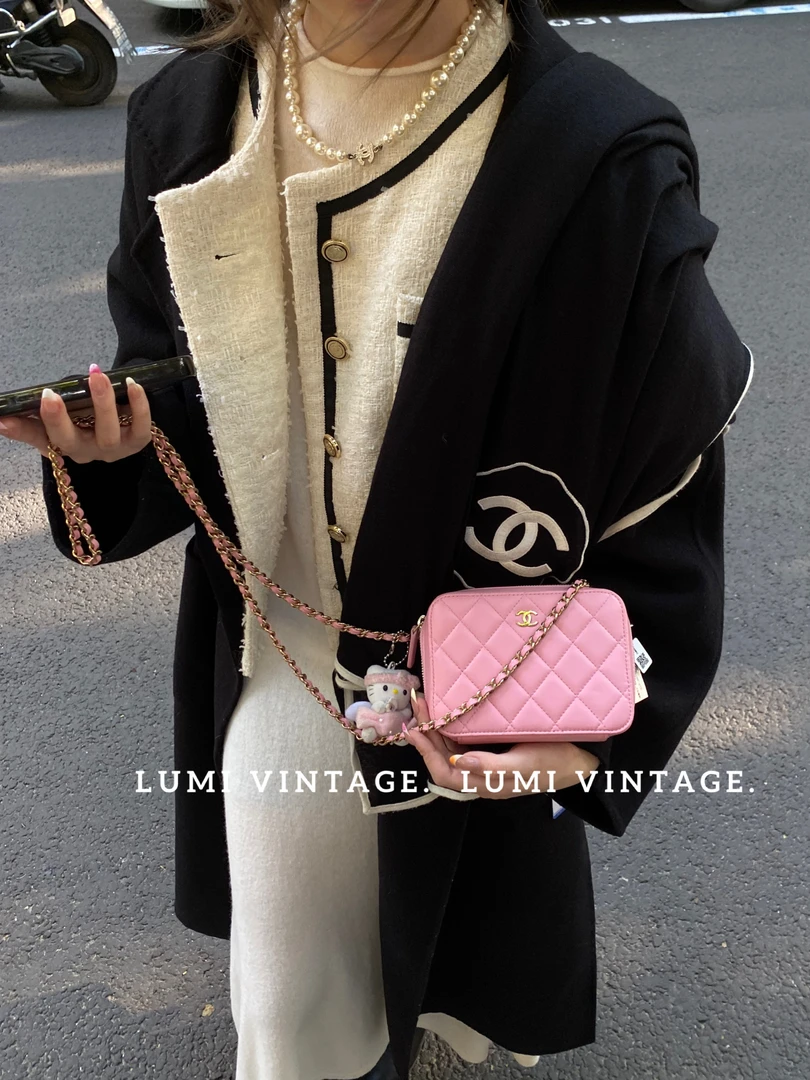 95新 Chanel/香奈儿 桃粉色相机盒子单肩包33460590