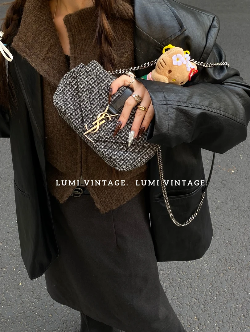 95新 YSL/圣罗兰 千鸟格毛呢斜挎链条包70910734