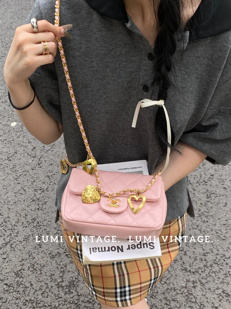 95新 Chanel/香奈儿 22b樱花粉羊皮爱心大mini包63208864