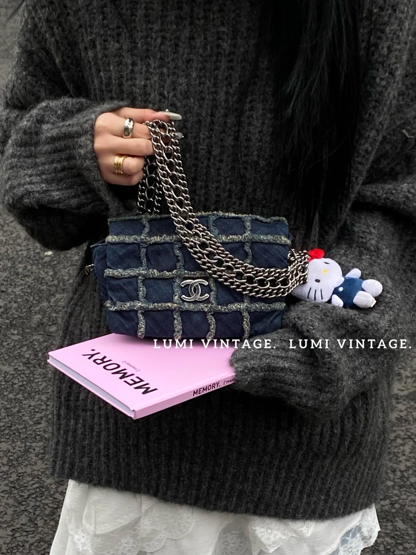 95新 Chanel/香奈儿 牛仔格纹瀑布链方胖子74309199