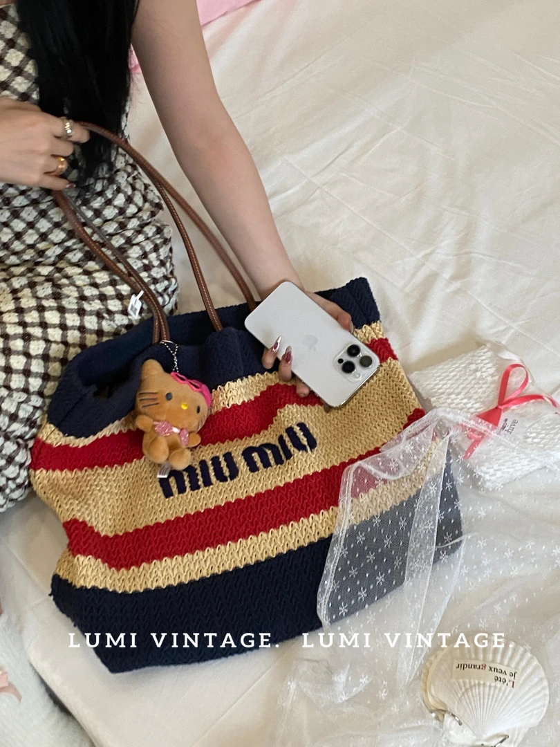 95新 MIU MIU/缪缪 拼色拉菲草拼针织托特单肩包 17682353