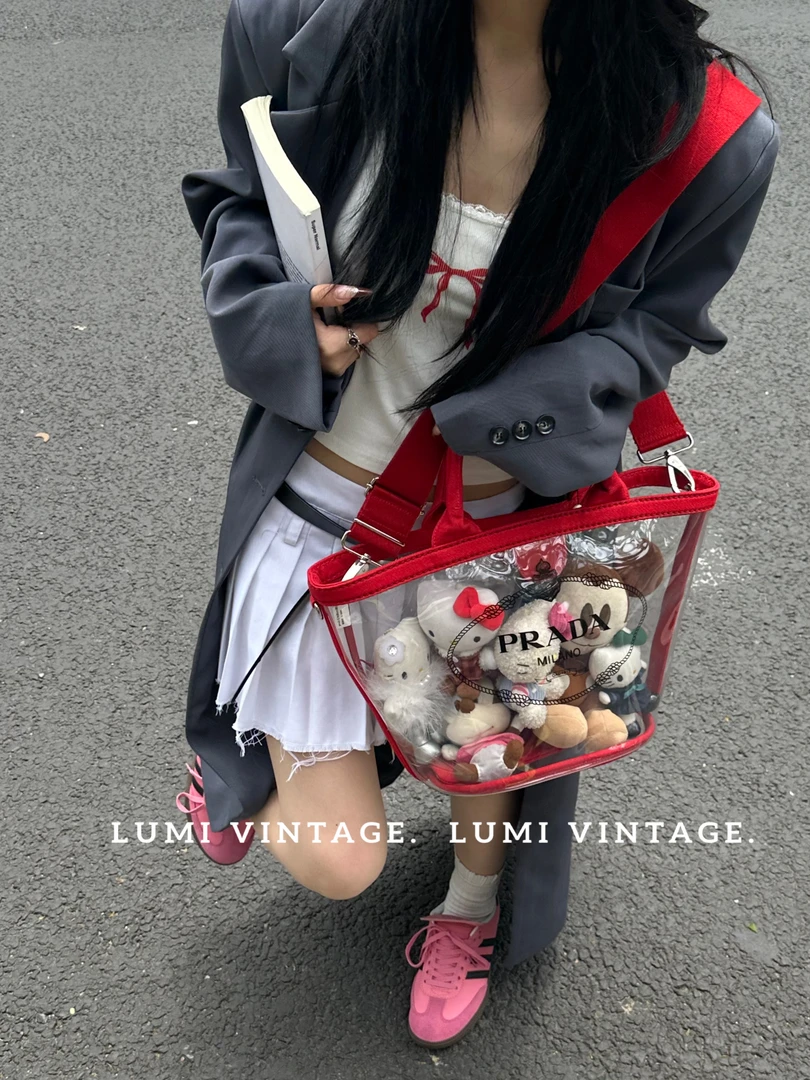 95新 Prada/普拉达 红色拼pvc菜篮子包90122786
