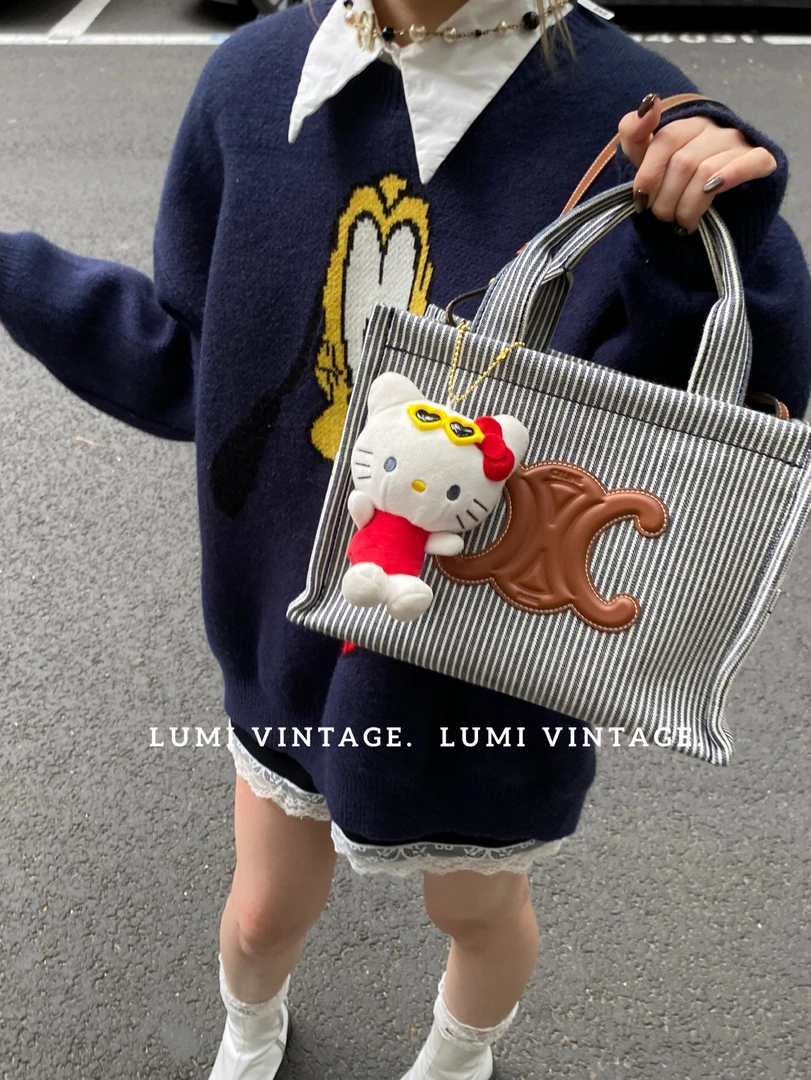 95新 Celine/思琳 C凯旋门条纹托特包单肩包74761882