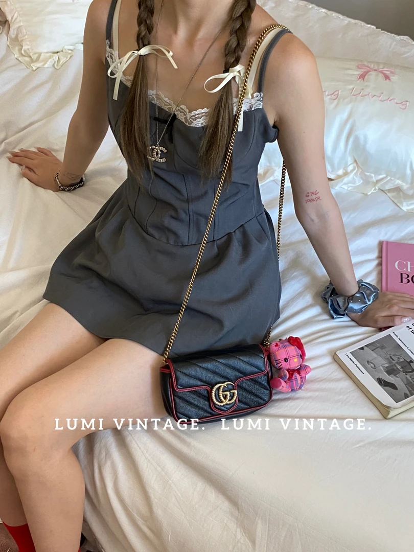 95新 GUCCI/古驰 黑红扭金牛皮mini马蒙单肩包86093890