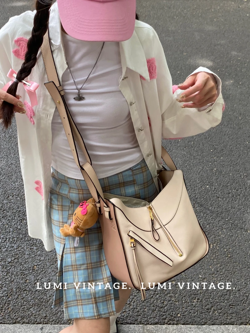 95新 LOEWE/罗意威 豆沙拼浅粉小号吊床单肩包40830390
