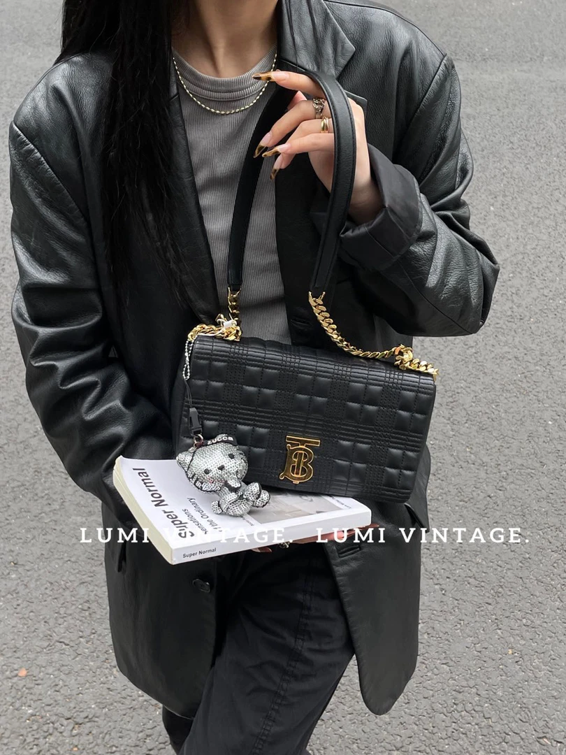 95新 BURBERRY/博柏利 黑金羊皮中号lola单肩包95833747