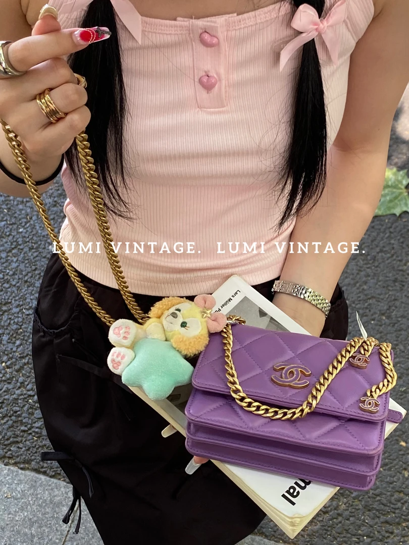 95新 Chanel/香奈儿 22p紫色羊皮双c珐琅mini斜挎包88356535