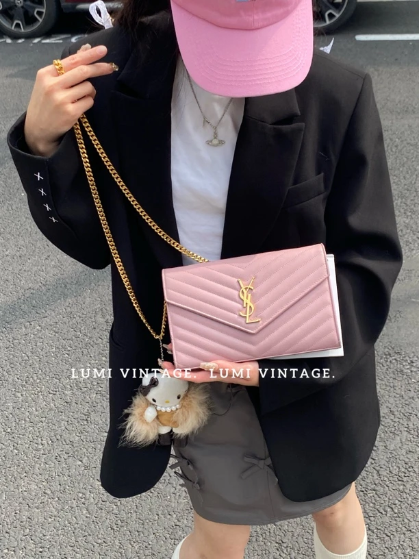 95新 YSL/圣罗兰 粉紫色鱼子酱中号信封包 85390407