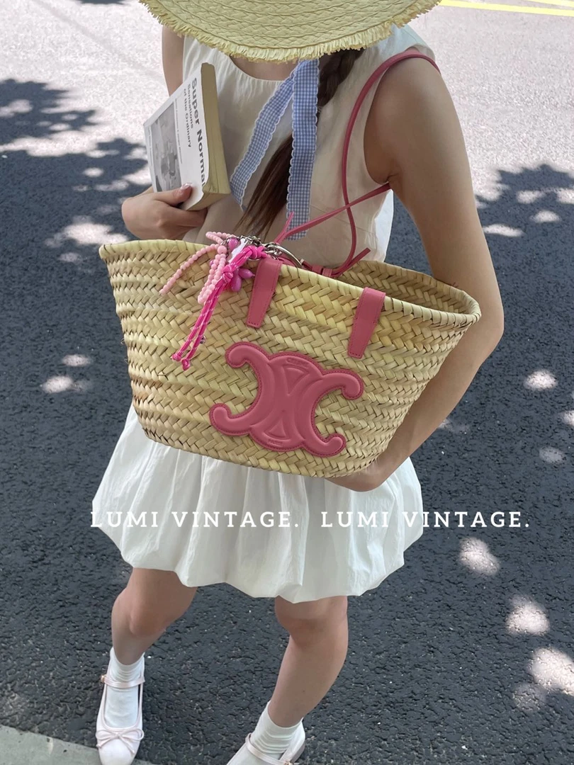 95新 Celine/思琳 芭比粉编织菜篮子单肩包13236324