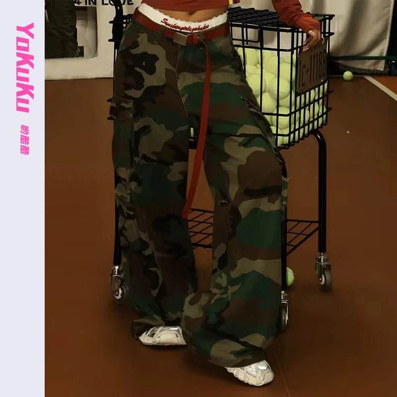 哟酷酷（麻辣女教）美式复古多口袋街头迷彩工装机能风拖地阔腿裤