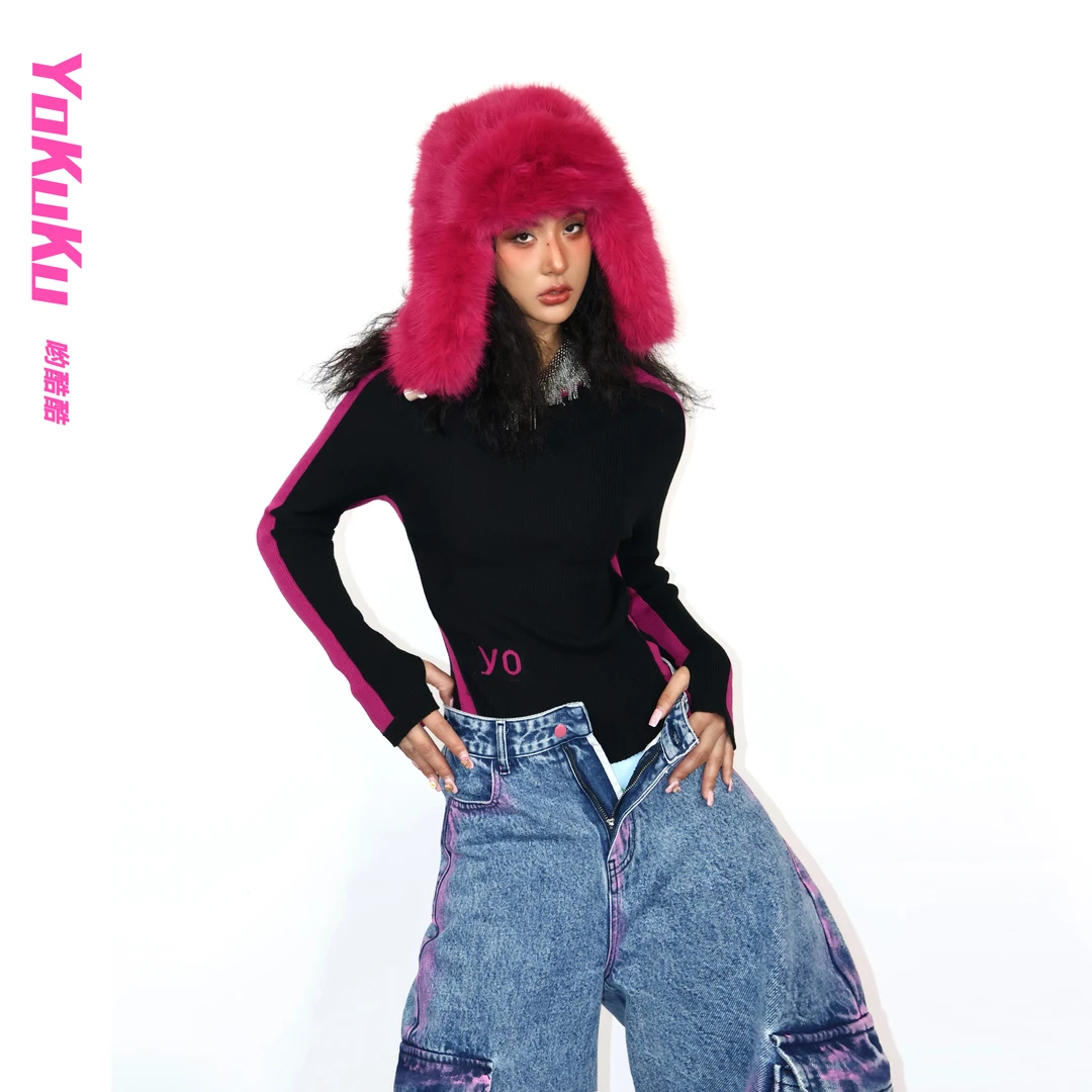 哟酷酷（粉樱仙茉）高端拼色刺绣圆领保暖显瘦针织套头衫冬季打底51