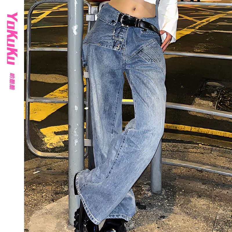 哟酷酷(野蛮女友)梨形天菜小众中高腰不规则假两件直筒牛仔裤女款