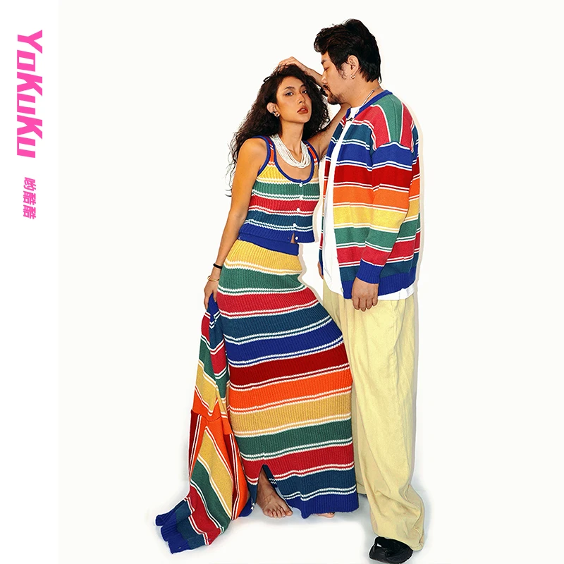 哟酷酷（彩虹糖毛衣）美式复古撞色彩虹条纹保暖情侣针织开衫毛衣