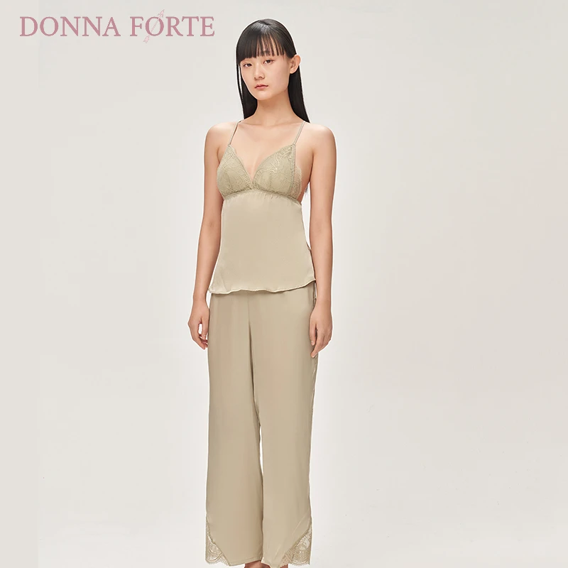 DonnaForte桑蚕丝真丝女士长裤时尚休闲阔腿裤优雅蕾丝|雅典娜