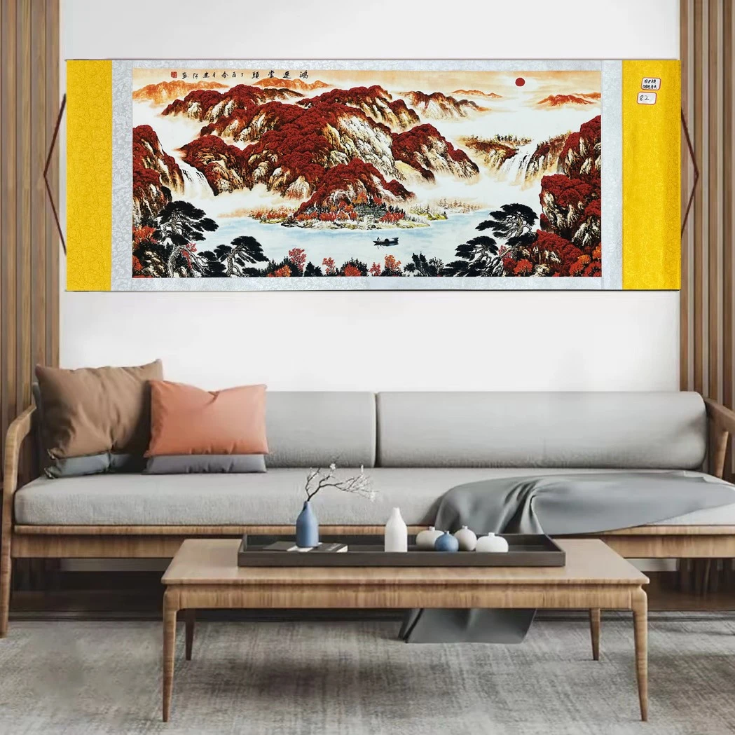 四尺横《鸿运当头》客厅书房茶室国风山水图挂画纯手工装裱