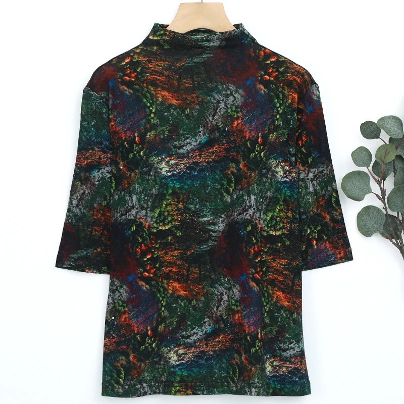 直播推荐新款羊毛女士时尚印花气质自由领五分袖套头T恤衫M7142